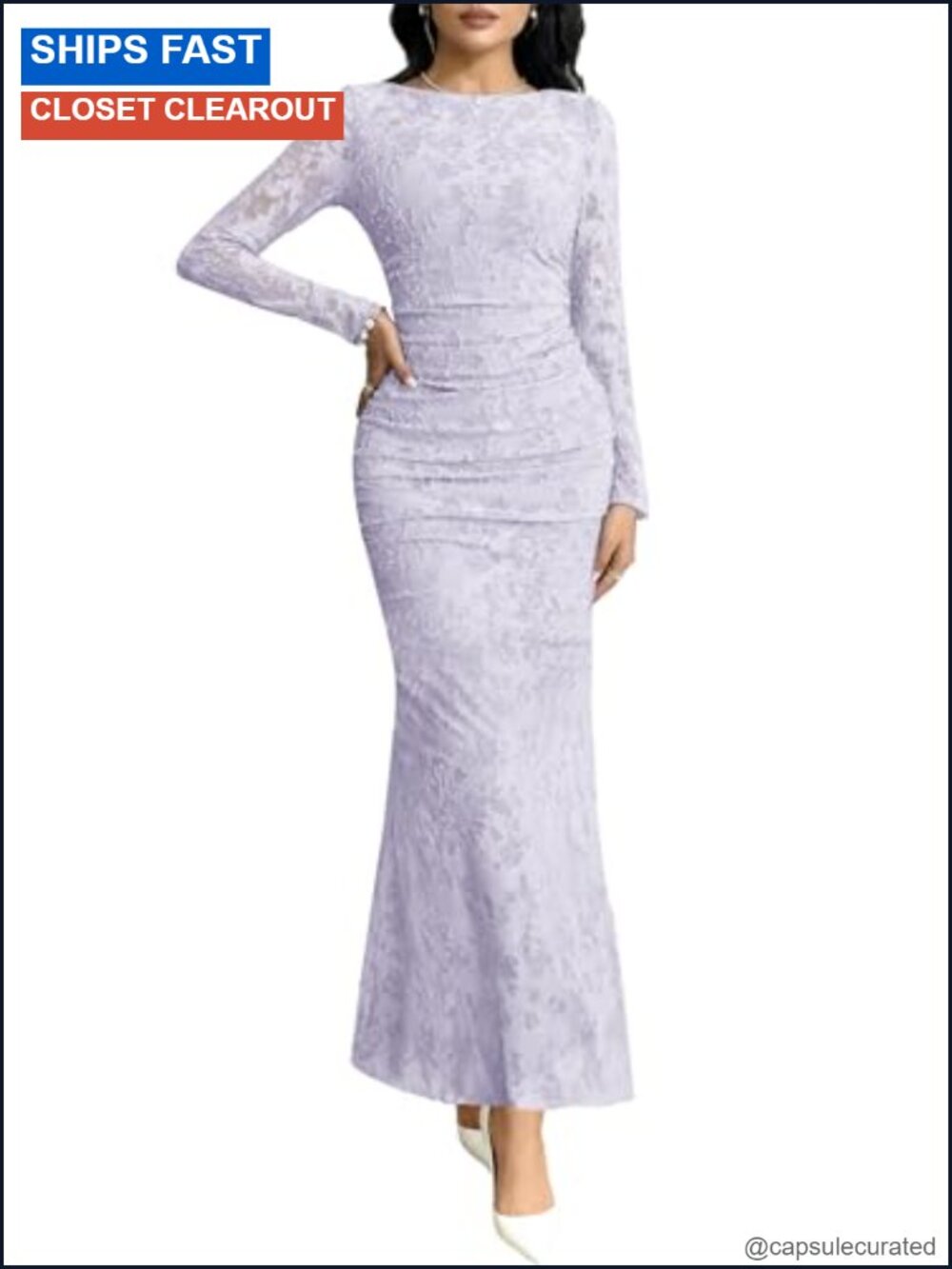 Long Sleeve Formal Maxi Dress Ruched Bodycon Floral Lace Wedding Guest
